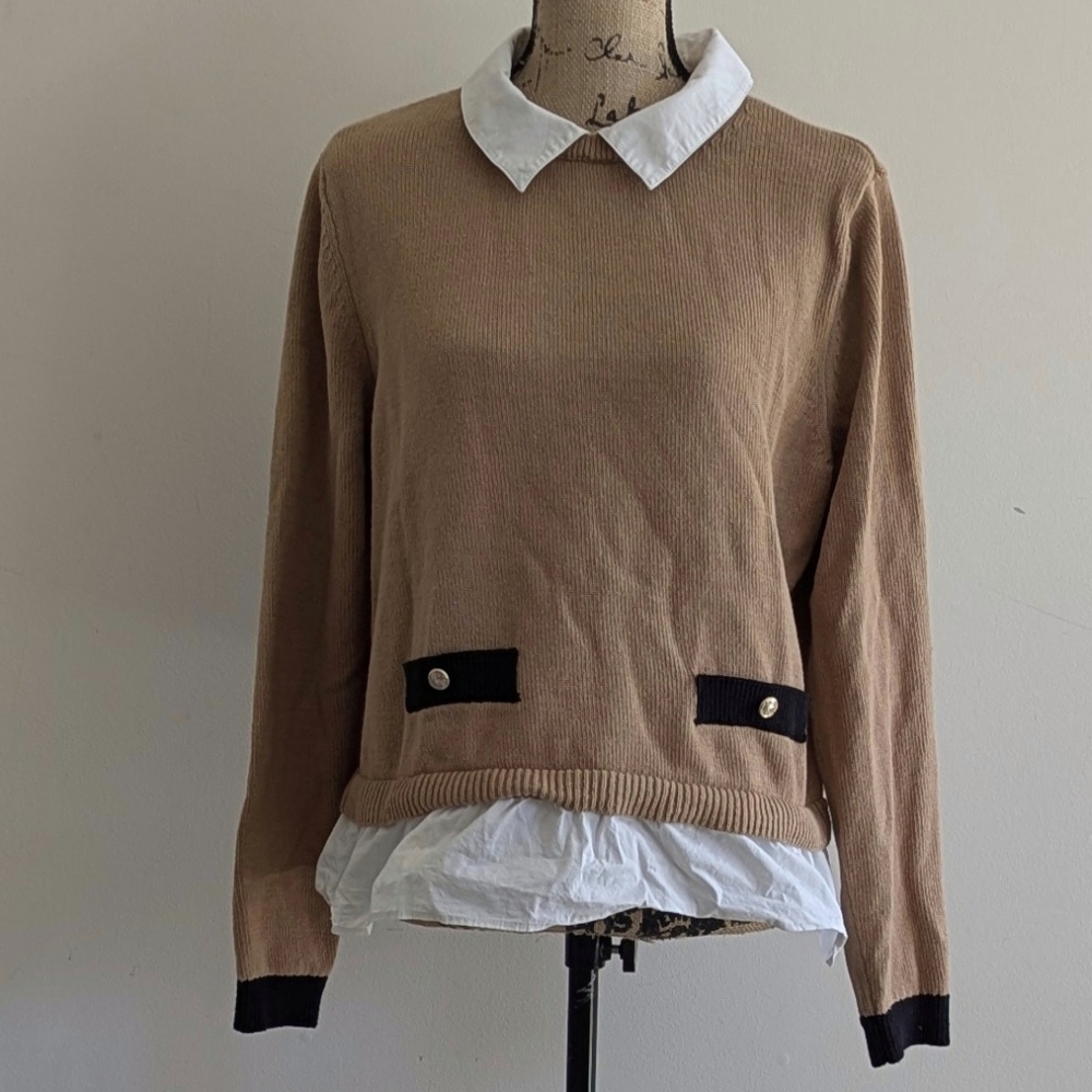 Loft Poplin Layered Mixed Media Sweater XL - Picture 4 of 5
